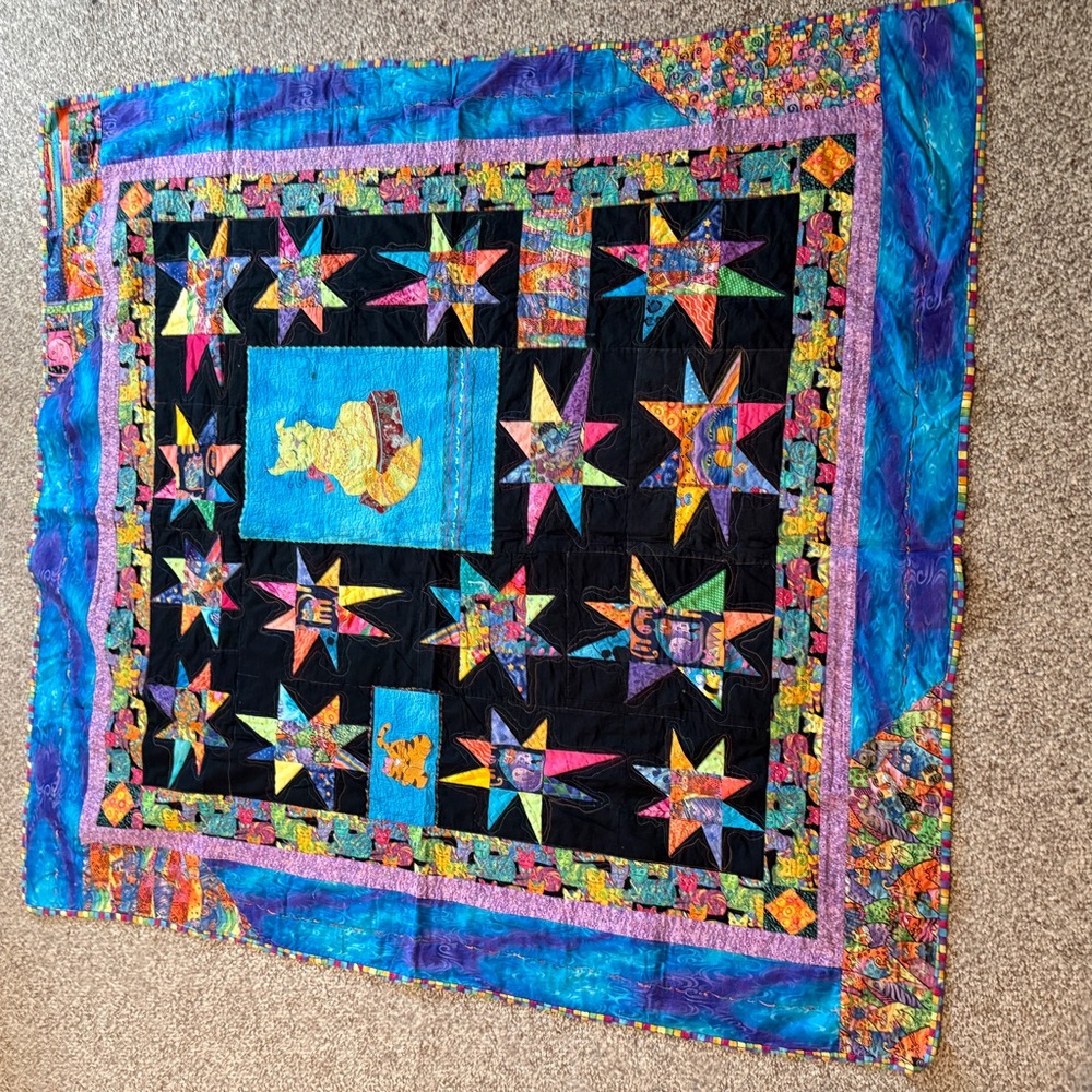 Handmade Colorful Cat Lover Star Pattern Quilt 58” square